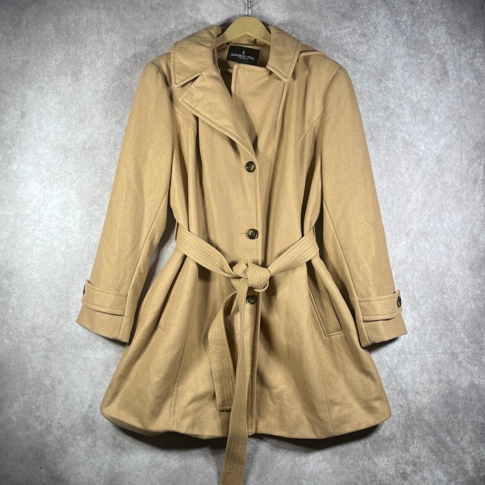 London Fog Coat Jacket Womens Size XL Beige Wool Blend Belted Minimalist Capsule